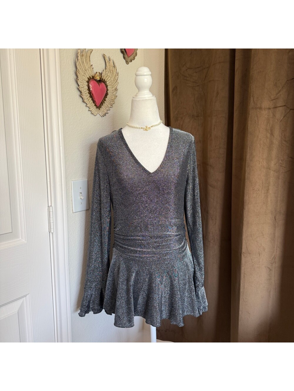 Boho Chic Sparkly Bell Sleeve Silver Mini Dress Gaharu Women's Sz Large